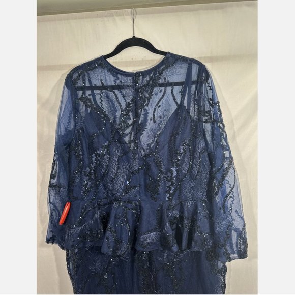 NWT $498 Mac Duggal [ PLUS 18W ] Embellished Peplum‎ Midi Sheath Dress Blue - Picture 12 of 15